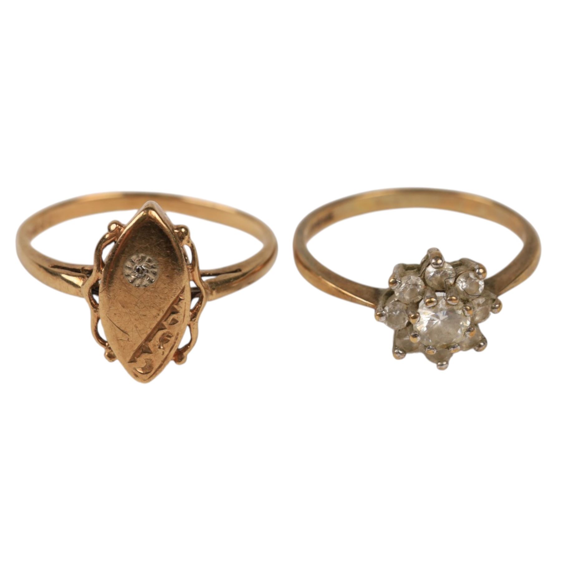 Two 9ct gold rings, including cubic zirconia flower head ring and a signet ring, both hallmarked