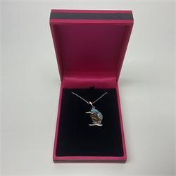 Silver Baltic amber and turquoise kingfisher pendant necklace, stamped 925 and boxed 