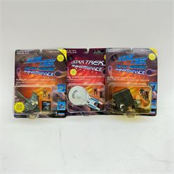 Four Bandai Playmates Star Trek Interspace Mini Playsets, comprising Romulan Warbird, Borg Ship, U.S.S Stargazer Starship and Collector's Edition Personal Communicator collector's no. 059464, together with a Bandai Playmates Star Trek Star Fleet Command International Edition Captain James Kirk Mr Spock In Interphase, all boxed or carded, together with two loose Star Trek figures