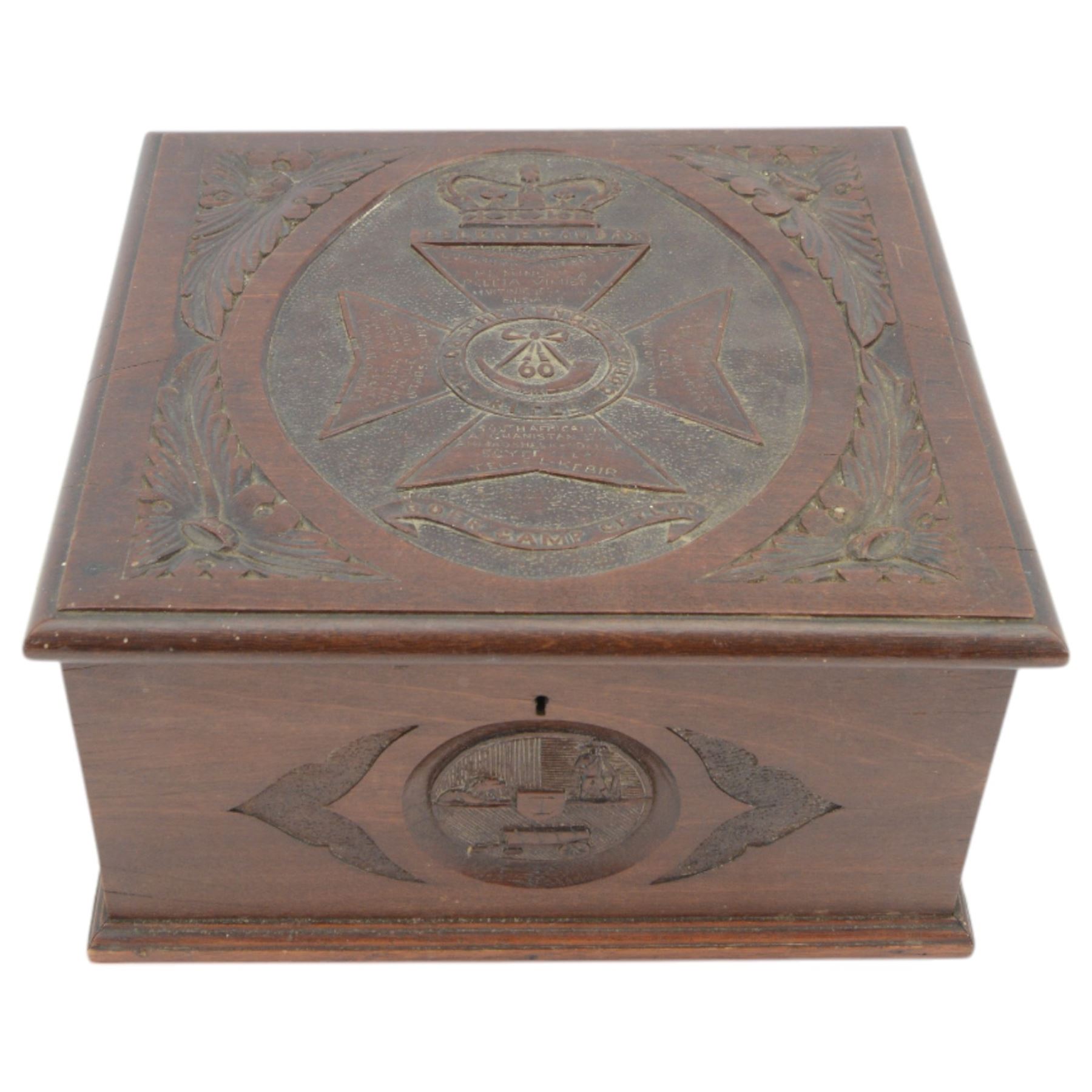 Carved oak box, with Kings Royal Rifle Corps decal to the hinged lid, H17cm