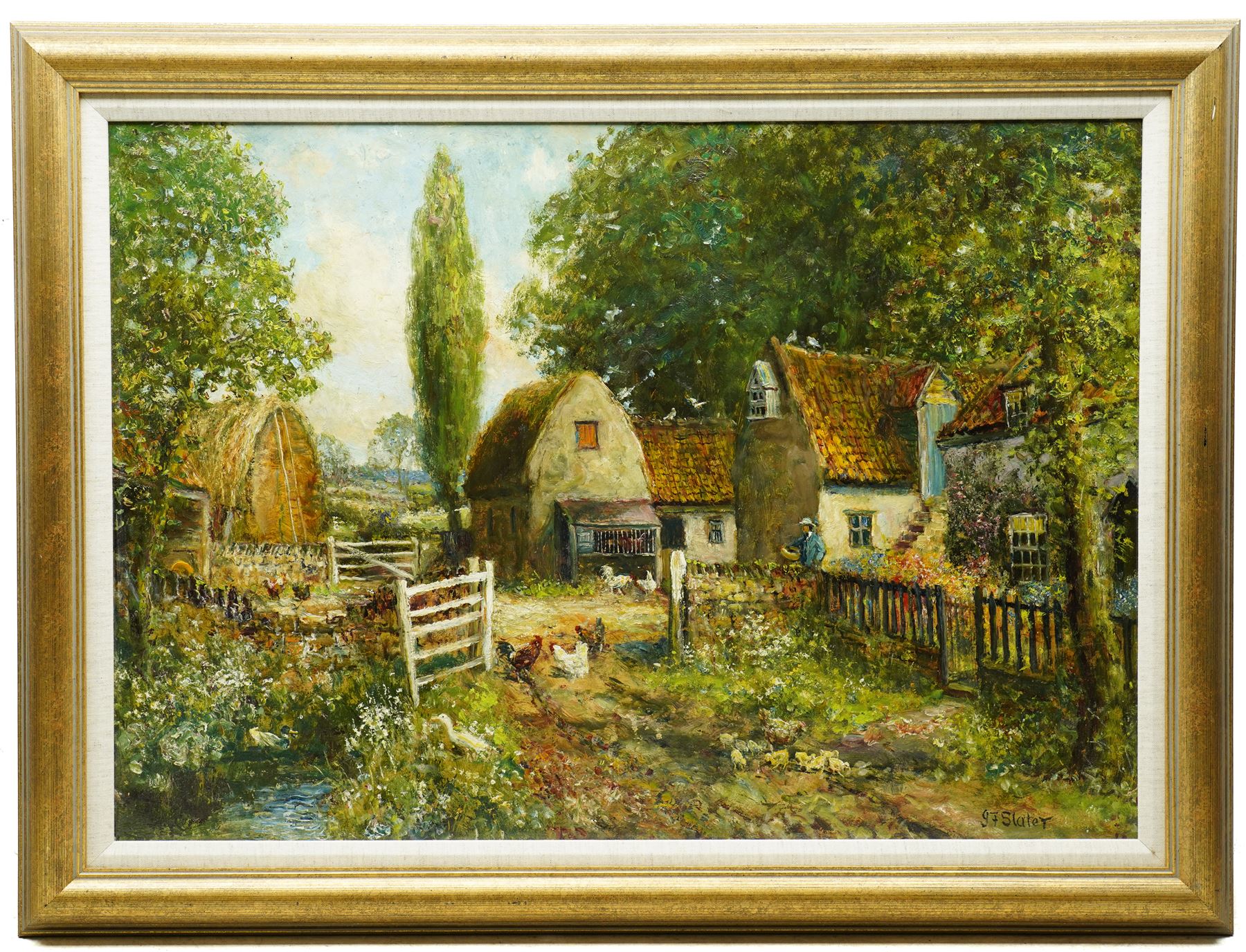 John Falconer Slater (British 1857-1937): Chickens in the Farmyard, oil on board signed 56cm x 80cm 