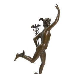 After Giambologna (Flemish 1529-1608): Bronze figure of Mercury holding a caduceus, on black marble base H43cm