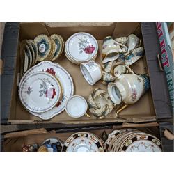 Collection of glassware and ceramics, including Royal Doulton figure 'Mary', rock crystal animal and dancer figures, tea wares, animal figurines, metal money boxes, etc, in four boxes 
