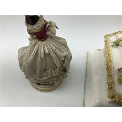 Group of figures, comprising six Royal Doulton examples, Daydreams HN1731, Silks and Ribbons HN2017, Tom Sawyer HN2926, Marie HN1370, Bo-Peep HN1811, and Tinkle Bell HN1677, together with a Dresden type 'lace' example, and a Coalport 'Swiss Cottage', (8)