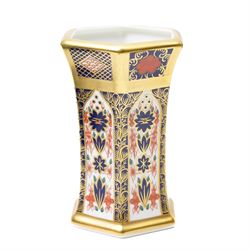 Royal Crown Derby Imari pattern 1128 wares, comprising two hexagonal tubular vases, one tray, one plate, and a collection of Spode items, one hexagonal vase with box (7)