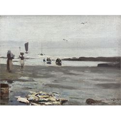 Frederick William Jackson (Staithes Group 1859-1918): 'The Harvest of the Sea', oil on canvas board signed and dated 1887, original title label verso with artist's Oldham address 24cm x 32cm