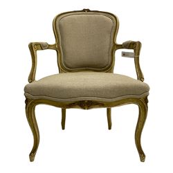 French armchair, painted beech framed, upholstered in linen fabric