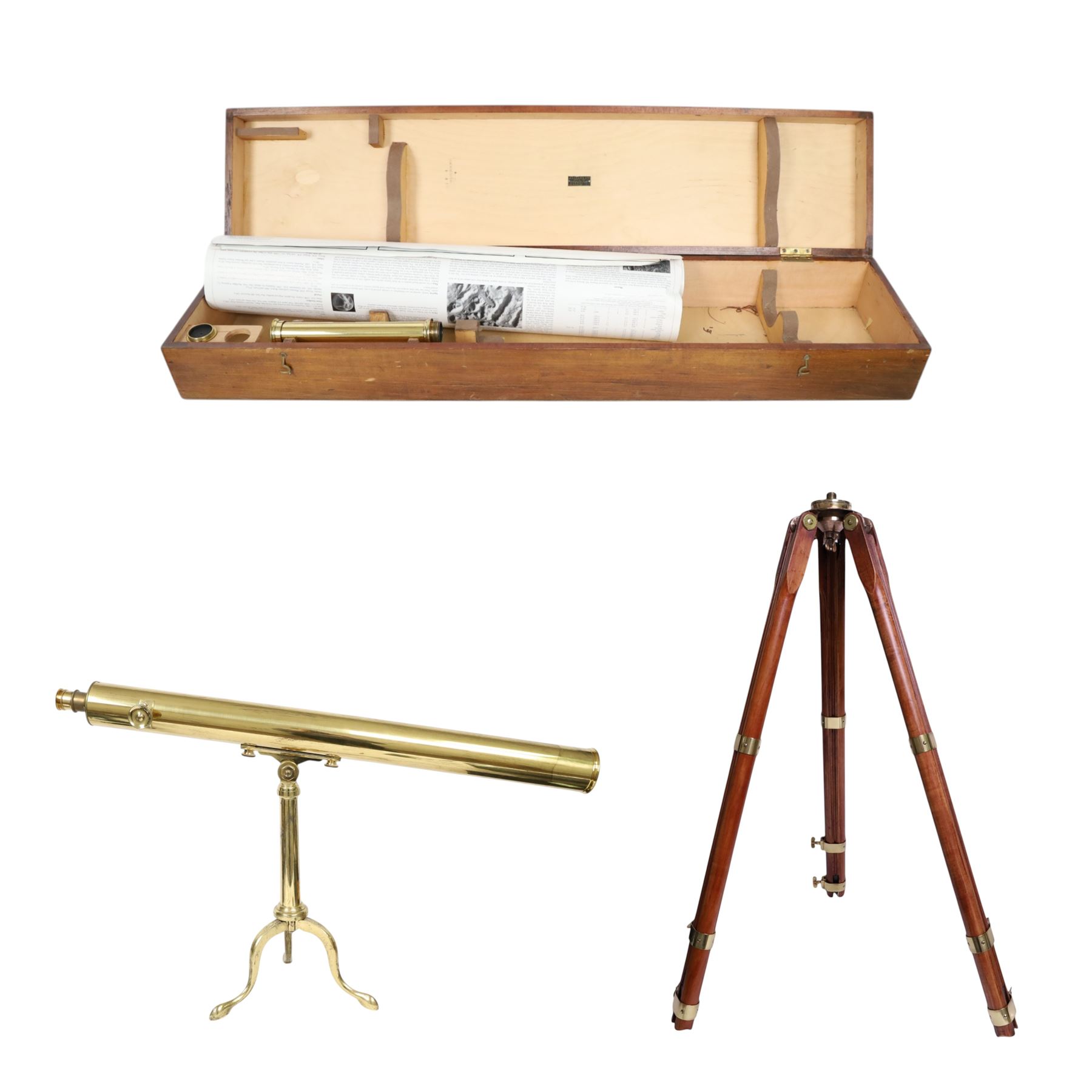 Brass telescope inscribed J.Lizars Glasgow & Edinburgh, with a library tripod and a larger wooden tripod, two spare eyepieces and original box