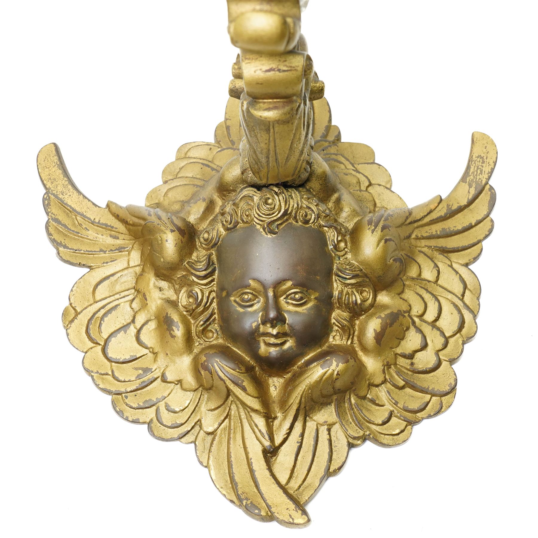 Pair of rococo style continental gilt bronze figural wall lights, modelled with winged putti figures, projection 37cm