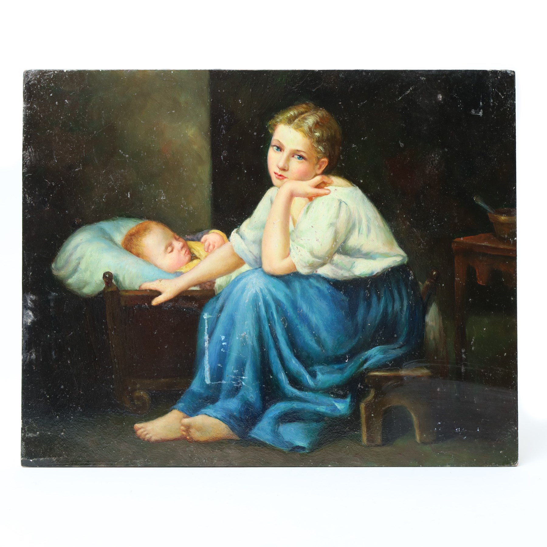 After Léon-François Comerre (French 1850-1916): Reclining Woman upon a Lion Skin; after Madame la Marquise de Salvo (Italian 19th century): Young Mother with Child, two oils on panel signed V Conti 20cm x 25cm (2) (unframed)