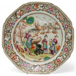 18th century Liverpool porcelain plate, decorated with Mandarin figures and buffaloes in a harbour, the border decorated with scenes of birds and foliage, D19cm 