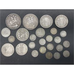Approximately 150 grams of Great British pre 1920 silver coins, including two Queen Victoria crowns dated 1889 and 1891, 1885 halfcrown, King Edward VII 1910 halfcrown, King George V 1915 halfcrown etc