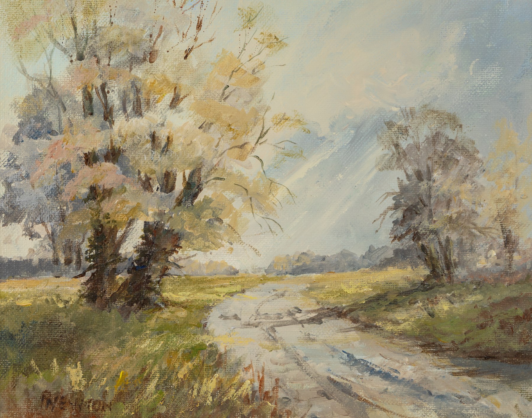 Pat Newton (British 20th century): 'Winter in West Norfolk' and 'The Farm in Winter', pair of acrylics signed, titled on label verso, in matching frames 19cm x 24cm; George 'Griff' Griffiths (British 1939-2017): 'Arthington Bank', watercolour signed, titled and dated 1977 on label verso 24cm x 16cm (3)