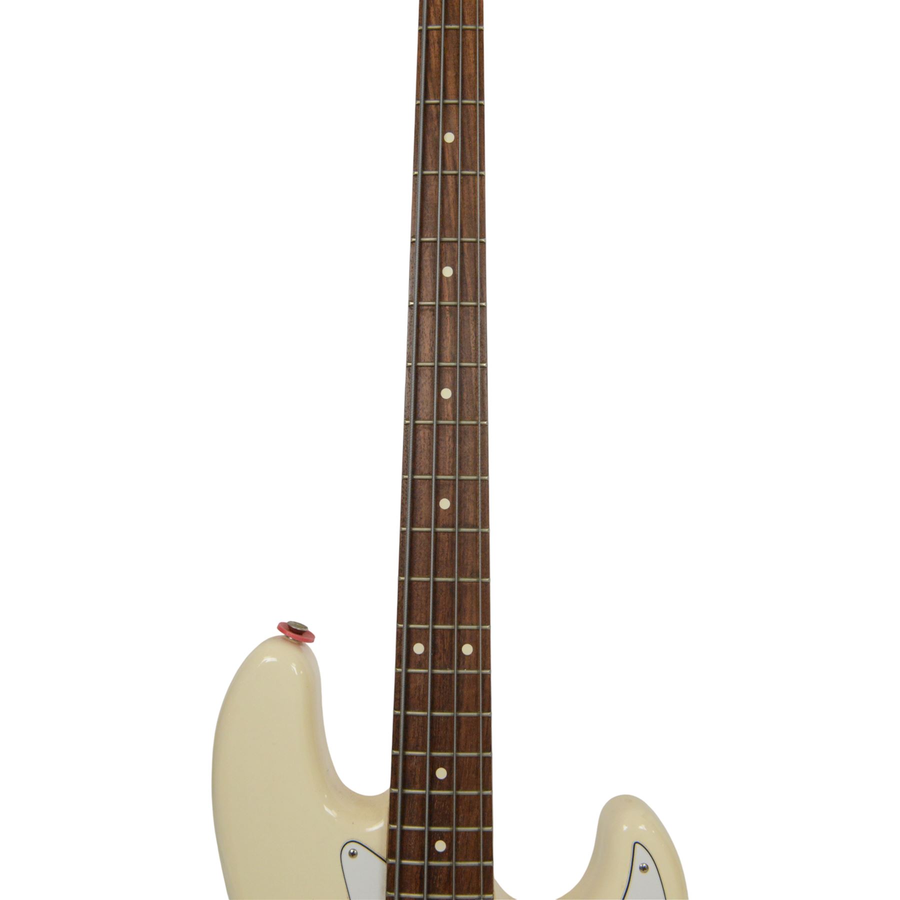 Fender jazz bass guitar, serial no. MZ7182451 made in Mexico c.2007, with cream body, white scratch plate, maple neck, guitar L120cm