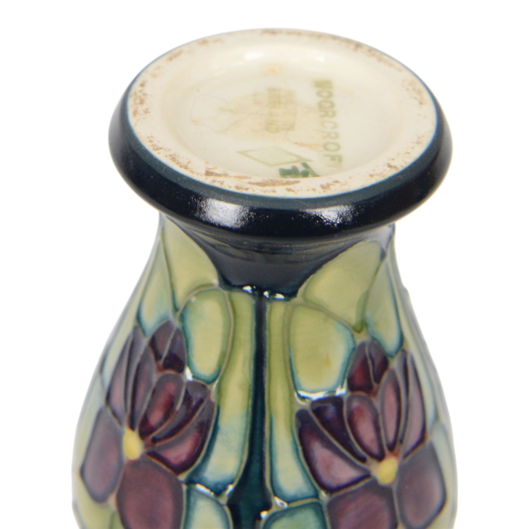 Moorcroft two miniature vases, in violets pattern, with original boxes, H11cm 