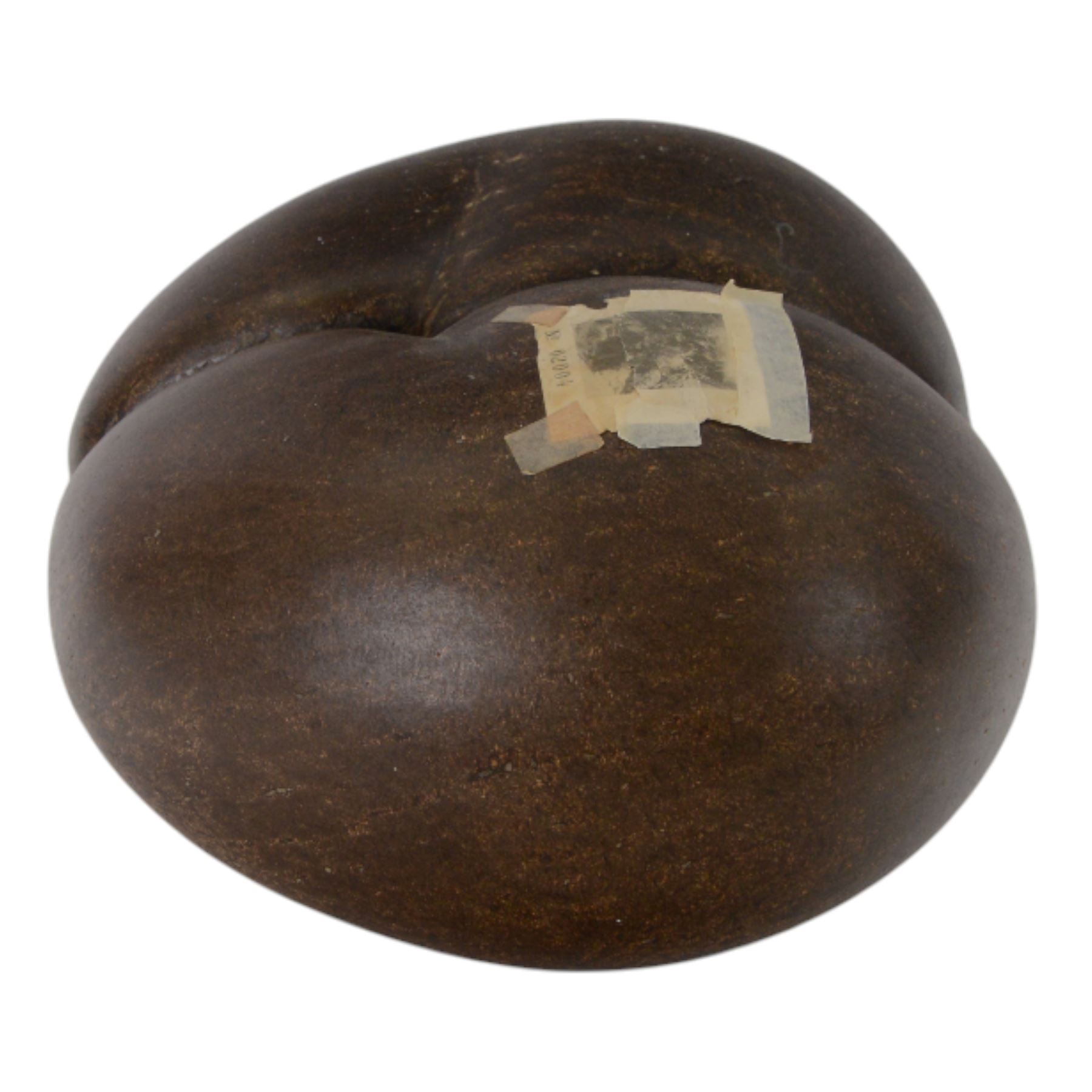 Coco De Mer (Lodoicea Maldivica) with license label, 1960/1970, Lodoicea, commonly known as the sea coconut, coco de mer, or double coconut, a seed of the palm family, from the islands of Praslin and Curieuse in the Seychelles