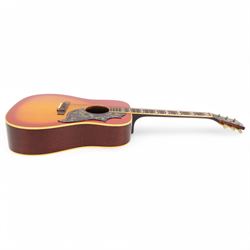1968 Gibson Hummingbird acoustic guitar, with sunburst finish, serial no. 500460, inlaid mother of pearl fret markers, inlaid pick guard, bound fingerboard and sides, original adjustable bridge, original tuning pegs, contained within hard case, guitar length 104cm
