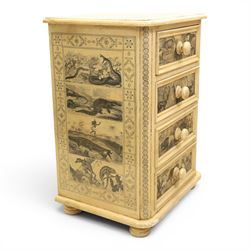 Traditional design cream painted lacquered pedestal chest, rounded moulded top over four short drawers, the drawer fronts decorated with monochrome printed animal scenes, conforming foliate and geometric borders to the top and sides, turned handles, on bun feet
