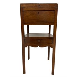 George III mahogany two tier washstand, rectangular double-hinged top over single drawer, the under-tier fitted with single drawer over a shaped skirt, raised on chamfered supports