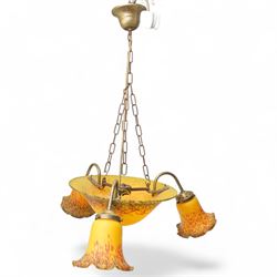 French Art Deco period Vianne glass three branch ceiling light fitting in mottled yellow, ...