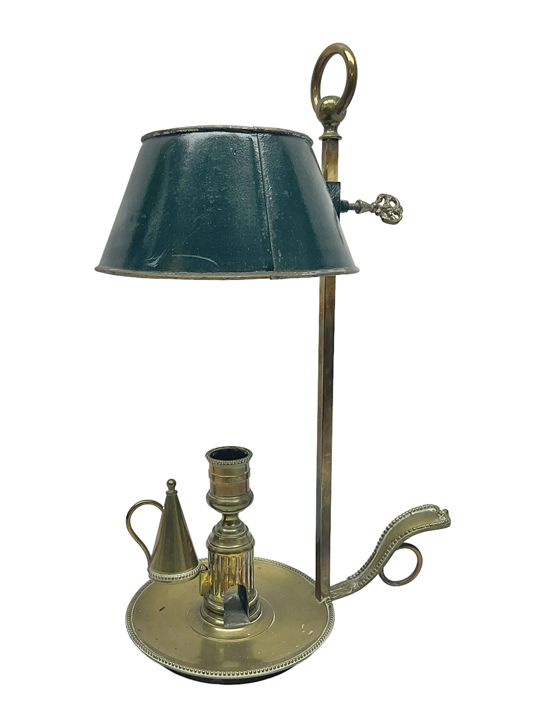 19th century brass Bouillotte candle lamp with adjustable green tole painted shade, with a circular base and snuffer, H36cm