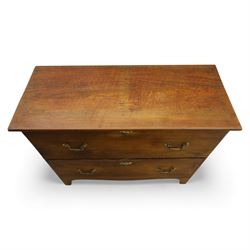 18th century style oak mule chest, the hinged rectangular top opening to a plain interior, above a lower section fitted with two long drawers with brass swan neck handles and shaped escutcheons, upon shaped bracket feet