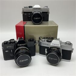 Canon FTb camera body, serial no. 715838, with 'Canon FD 50mm 1:1.8' lens, serial no. 207888, in original box, together with Canon FTb camera body, serial no. 557817, with 'Canon FD 35mm 1:3.5 S.C' lens, serial no. 126210 and Canon EX Auto camera body, serial no. 296244 with 'Canon EX 50mm 1:1.8' lens, serial no. 380869  
