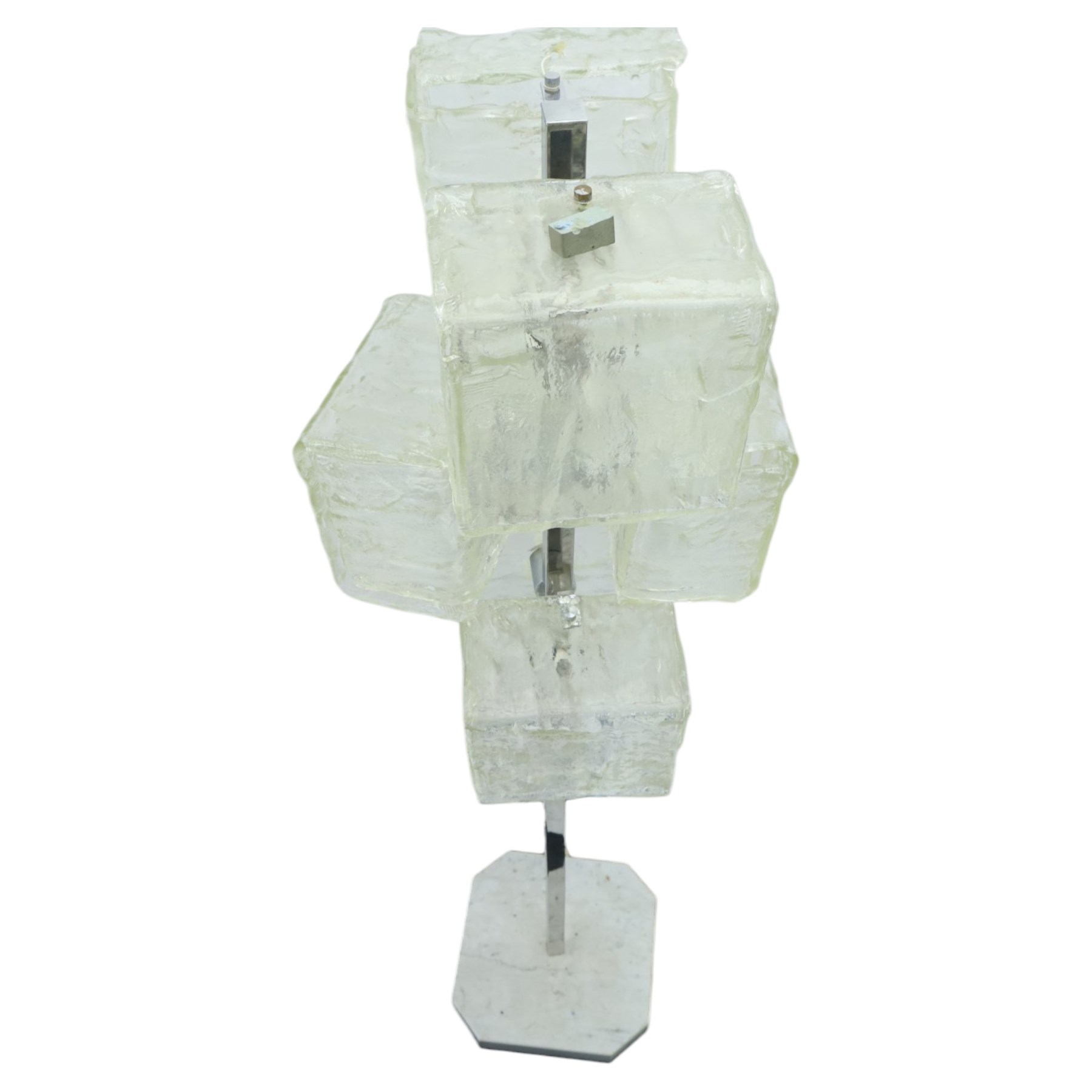 1970s modernist chrome standard lamp, fitted with six textured ice-glass cuboid shades arranged at differing heights, square-section stem on shaped marble plinth base
