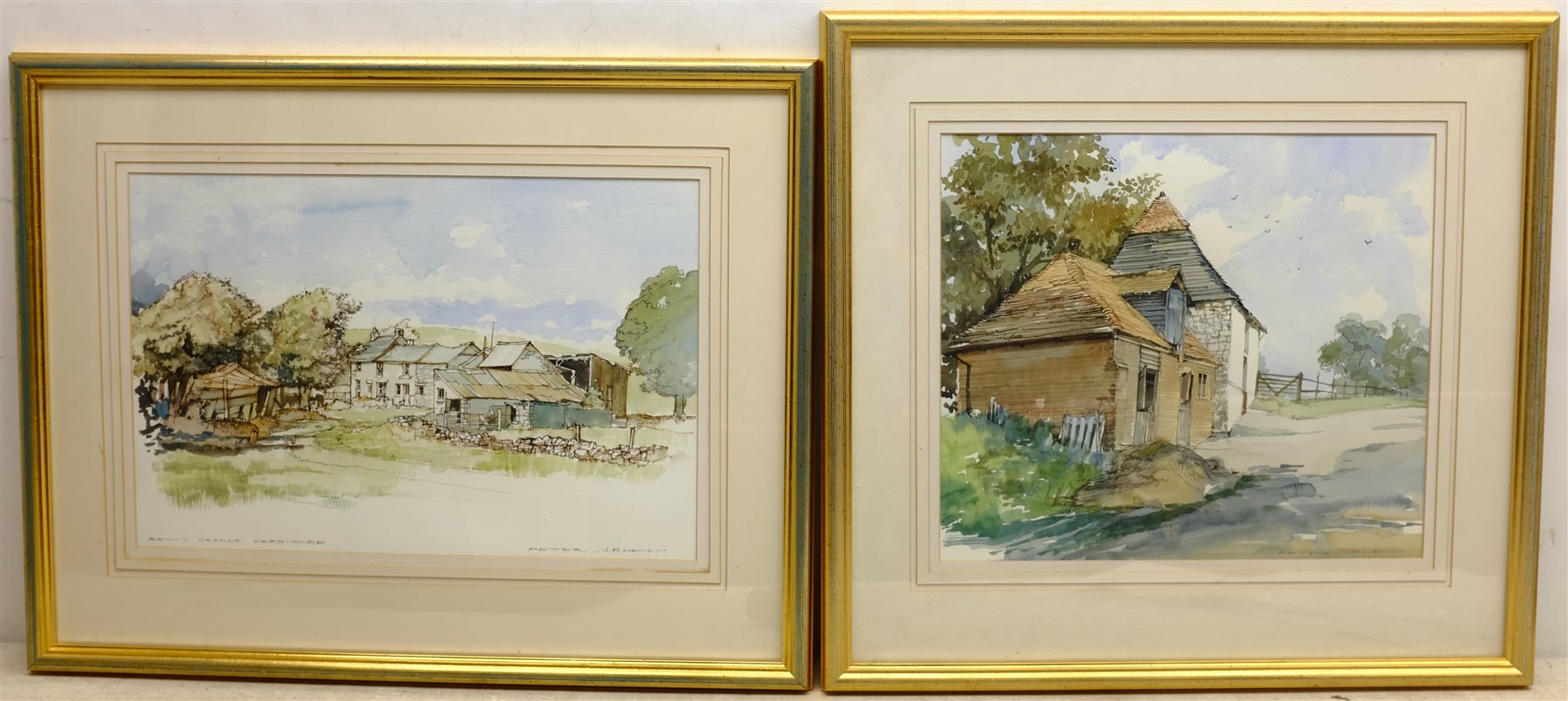 Peter Abnett (British Contemporary): 'Benty Grange Derbyshire' and Kent Farmhouse, two watercolours signed, one titled, and Italian School (20th century): Views of Florence, six chalk drawings framed as one indistinctly signed, max 30cm x 47cm (3)
