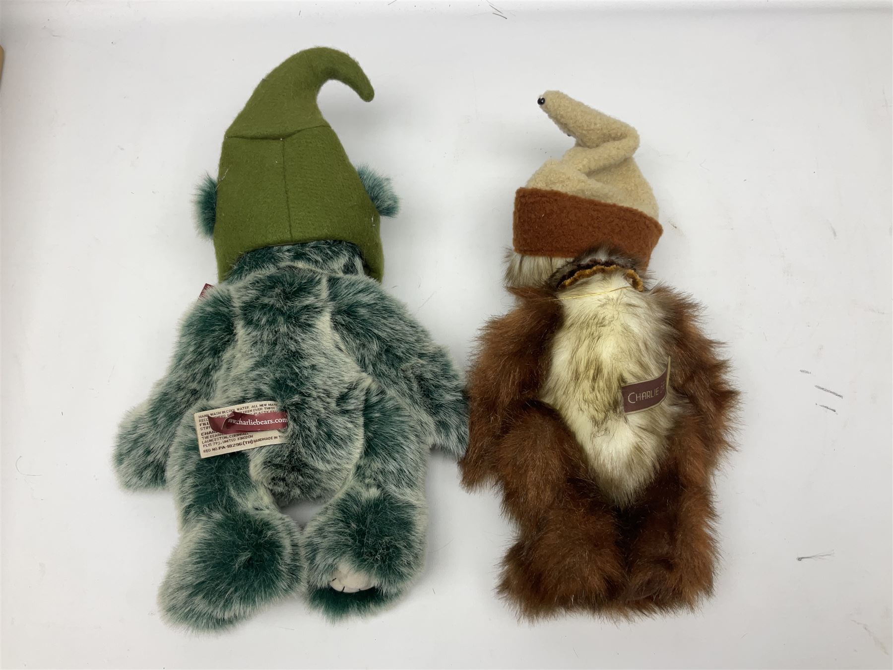 Six Charlie Bears, comprising Nutmeg CB621329, designed by Isabelle Lee, Toadstool CB195166, Pom Pom CB175154B, Whoooo CB195220O, Bandage CB215274O, and Bearwolf CB215275O, all with tags 