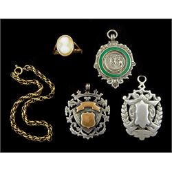 Gold link bracelet and cameo ring, both 9ct and three silver fob medallions