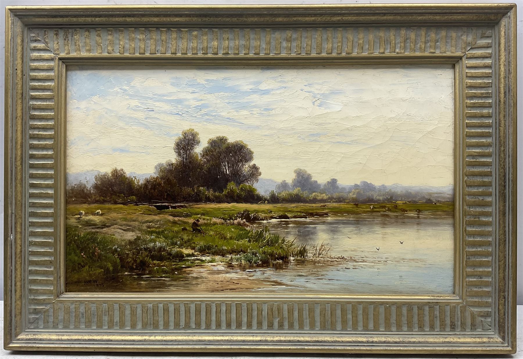 Alfred Walter Williams (British 1824-1905): 'The River Mole near Bletchworth - Surrey', oil on canvas signed with initials and dated 1875, 22cm x 37cm