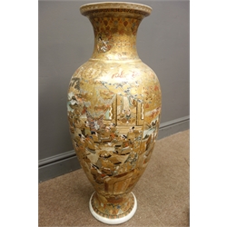  Meiji period Japanese Satsuma floor vase, of ovoid form, decorated with enamels and gilt, having four panels Daimyo Procession, Samurai in full armor and female figures in an interior setting, on grounds of scrolls and geometric designs with hardwood stand, red painted signature to base, H76cm   