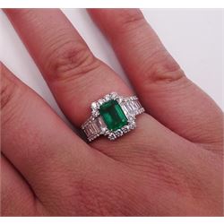 18ct white gold emerald and round brilliant cut diamond cluster ring, with baguette diamond set shoulders, stamped 750, emerald approx 1.60 carat, total diamond weight approx 1.00 carat