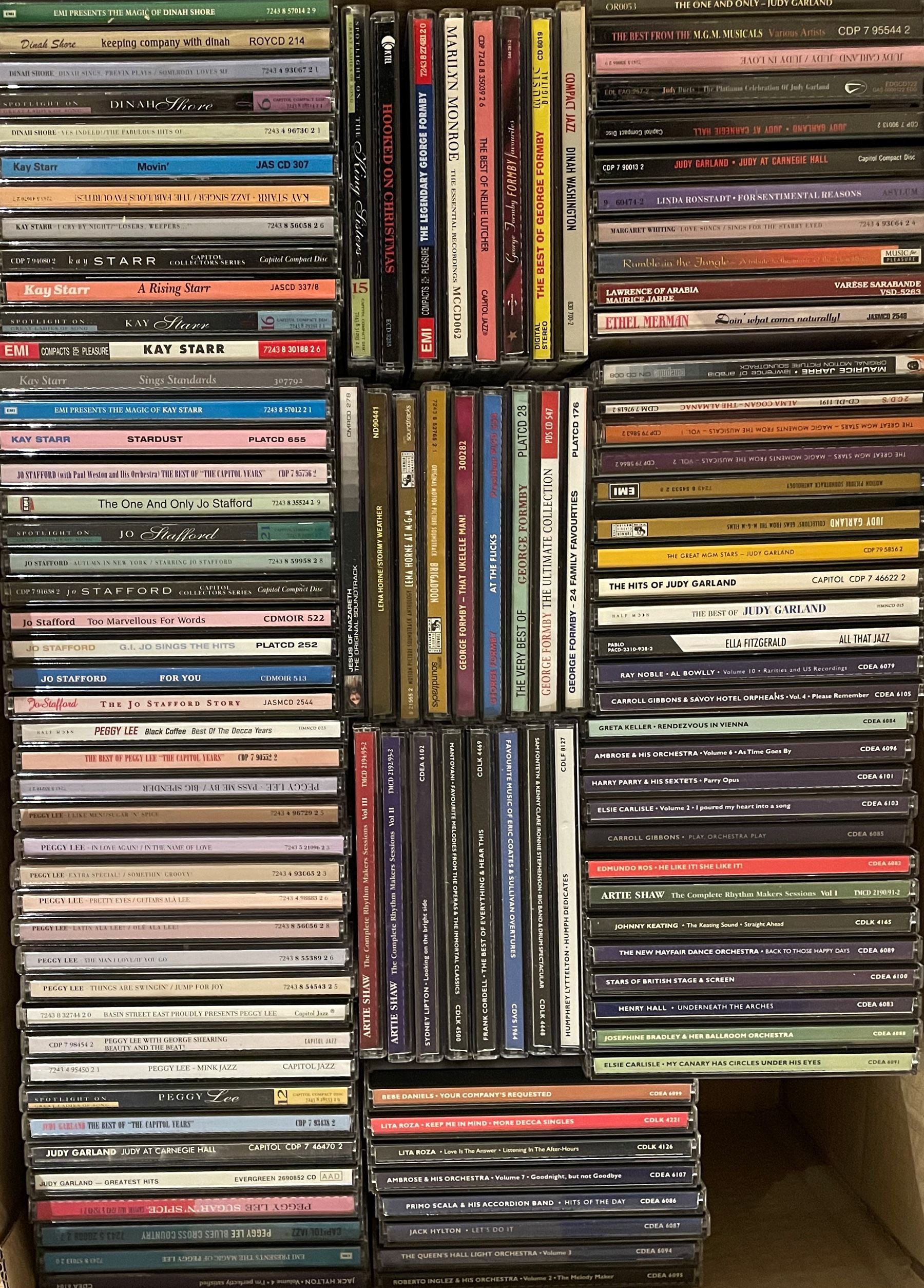 A large collection of mostly Jazz CD's including Kay Starr, Frank Sinatra, Ella Fitzgerald, Glenn Miller, Bing Crosby and other music in four boxes (400+)