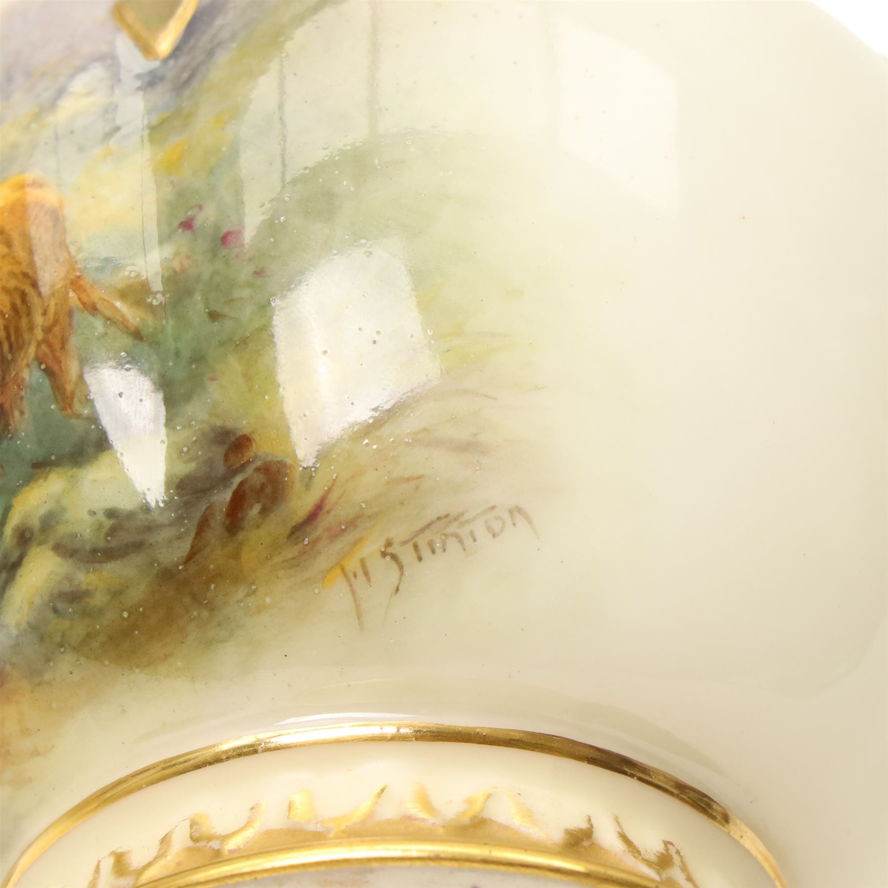 Royal Worcester pot pourri vase with pierced cover, painted with  Highland Cattle by Harry Stinton with gilt decoration (repair to finial) H12cm date code for 1923 