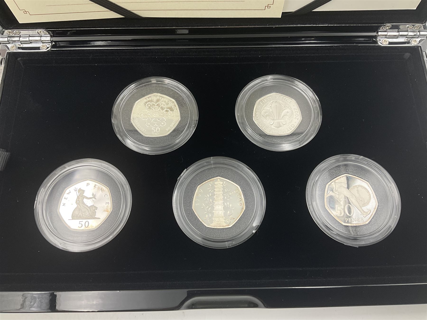 The Royal Mint United Kingdom 2019 'Celebrating 50 Years of the 50p' silver proof piedfort coin set, cased with certificate