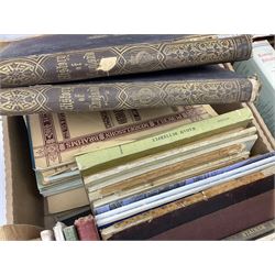 Collection of books, to include eight volumes of The Harmsworth Encyclopaedia, Dicken novels, readers digest books etc in five boxes