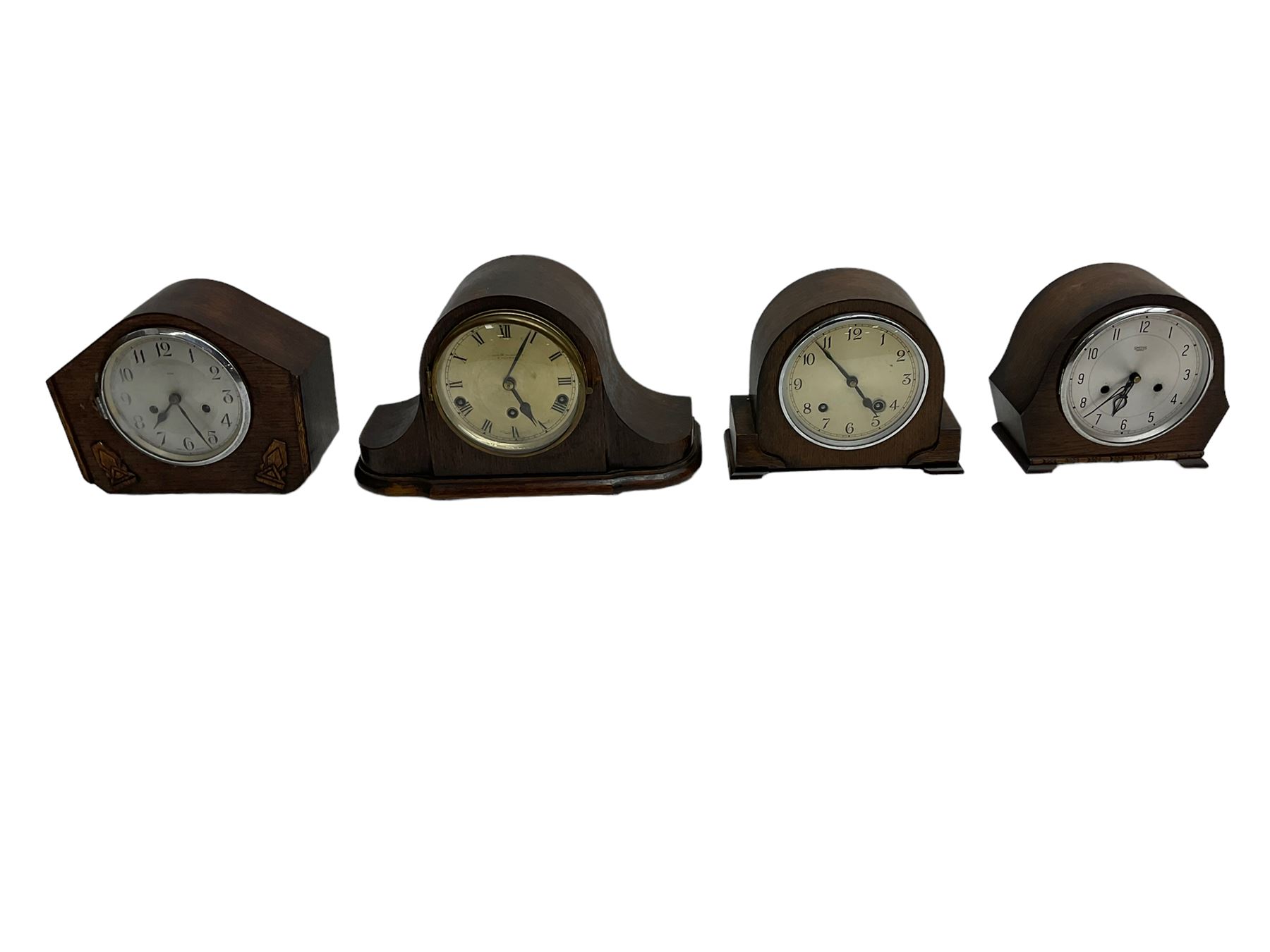 Three oak cased 1950’s spring driven striking mantle clocks and a 1930