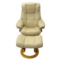Stressless - armchair and footstool upholstered in beige leather, recliner with swivel base 