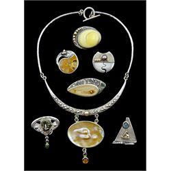 Collection of stone set silver jewellery including shell design pendant/brooch, mother of pearl and cultured pearl necklace, two stone set brooches all by Julie Monsson, boat pendant/brooch and one other, all stamped or tested