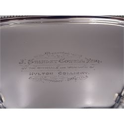 Edwardian silver twin handled tray, with oblique gadrooned rim and presentation engraving to the centre, hallmarked James Dixon & Sons Ltd, Sheffield 1907, not including handles W46cm