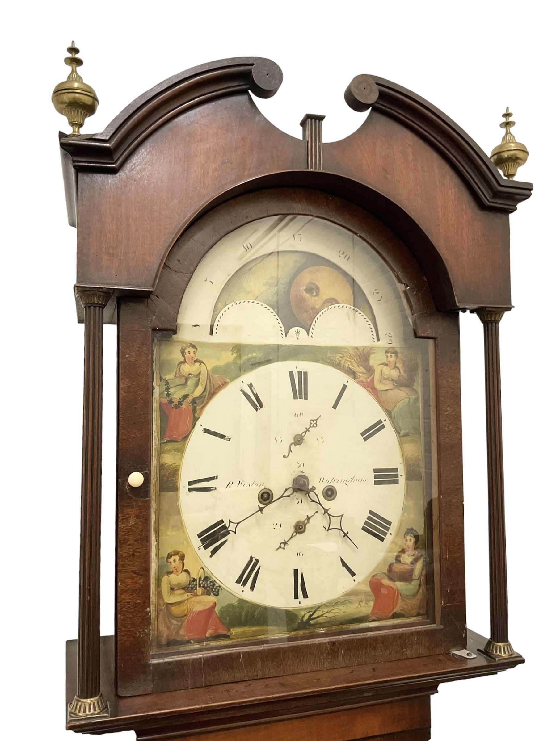 Ralph Weston (III) of Wolsingham (Co Durham)  -  Mahogany cased 30-hour Longcase clock, broken arch pediment with brass paterie and two ball and spire finials, break arch hood door flanked by reeded pilasters with brass capitals, trunk with canted corners and long flat topped door, rectangular plinth raised on bracket feet, painted dial with depictions of the four seasons to the spandrels and a working moon disc to the arch, with Roman numerals, dummy winding arbors, dummy seconds dial, calendar dial and steel hands, Dial pinned directly to a countwheel striking chain driven movement, with weight and pendulum.  
The Weston family of County Durham clockmakers were highly prolific family of North-Eastern clockmakers during the 18th and 19th century, Well known for producing many Thirty-Hour clocks with 