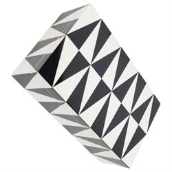 Four Jonathan Adler items, to include Op Art Lacquer box, in black and white geometric pattern, acrylic black Bel Air Scoop vase, Zebra Stacking dish and a white matte photograph frame, together with an Alexandra Von Frustenberg acrylic box with black and white geometric pattern