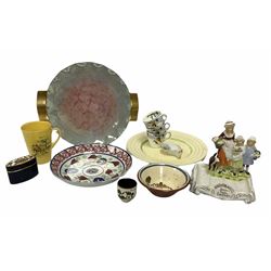 Group of ceramics to include 19th Century spongeware plate decorated in red, blue and green floral pattern (a/f), Yardley English Lavender soap dish, motto ware, Carlton Ware plate abd mug, Clarice Cliff plate etc
