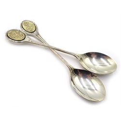  Set of twelve Royal Horticultural Society silver flower spoons, each with an oval gilt terminal to the handle, cast with various different flowers by John Pinches Ltd, Sheffield 1975, approx 10oz, cased  