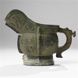 Chinese archaistic bronze wine vessel, Shang dynasty style but 20th century, W25cm; together with a Tang dynasty style model of a rearing horse, H17.5cm (2)