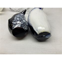 FM Ronneby Sweden large bear paperweight, together two glass penguins, one signed, small Hadeland bear and other glass animals. FM bear H9cm 