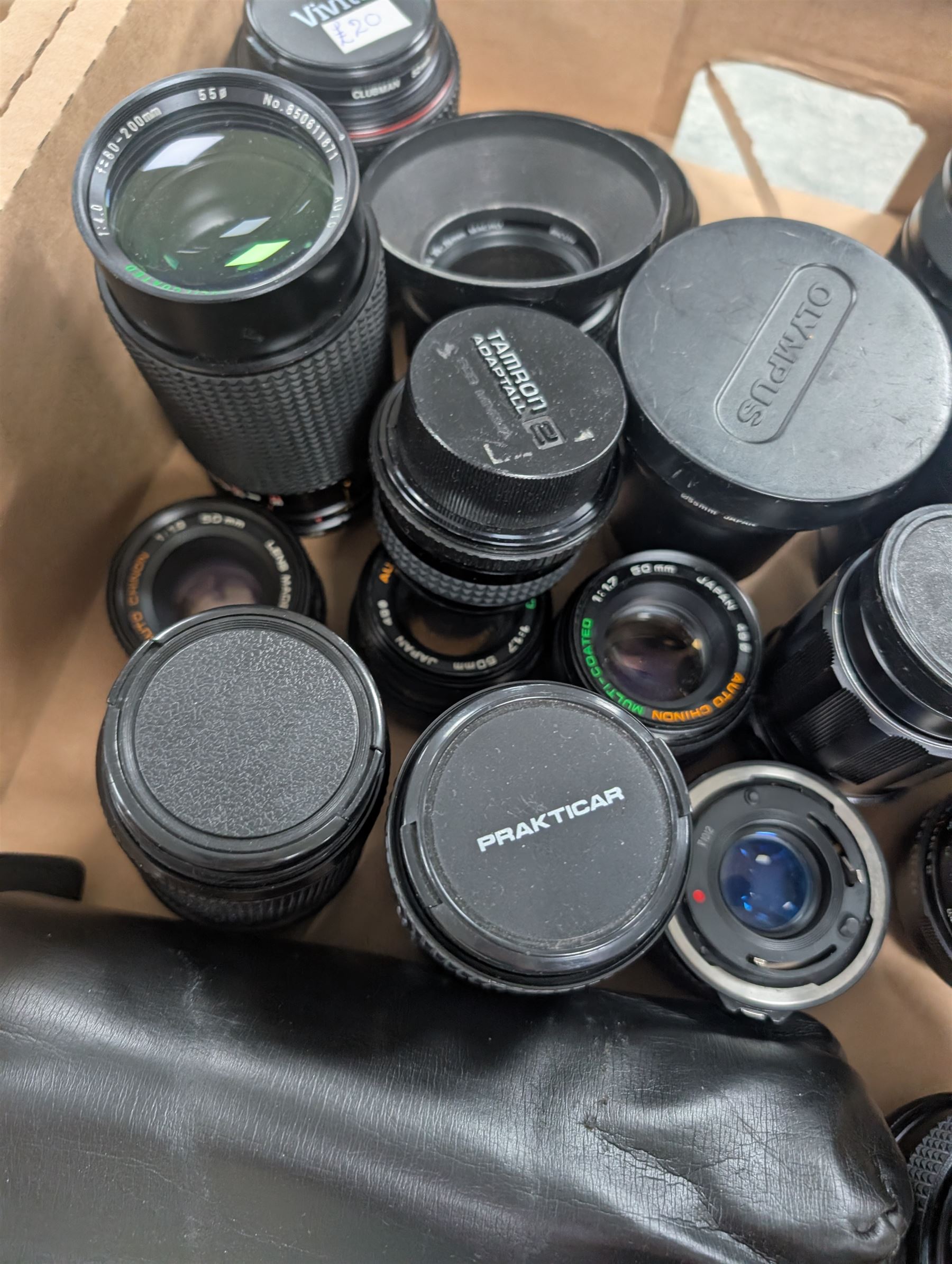 Collection of camera lenses, including and Olympus, Nikon, Sirius, Mamiya, Pentacon, Hanimex etc and Tamron adapters