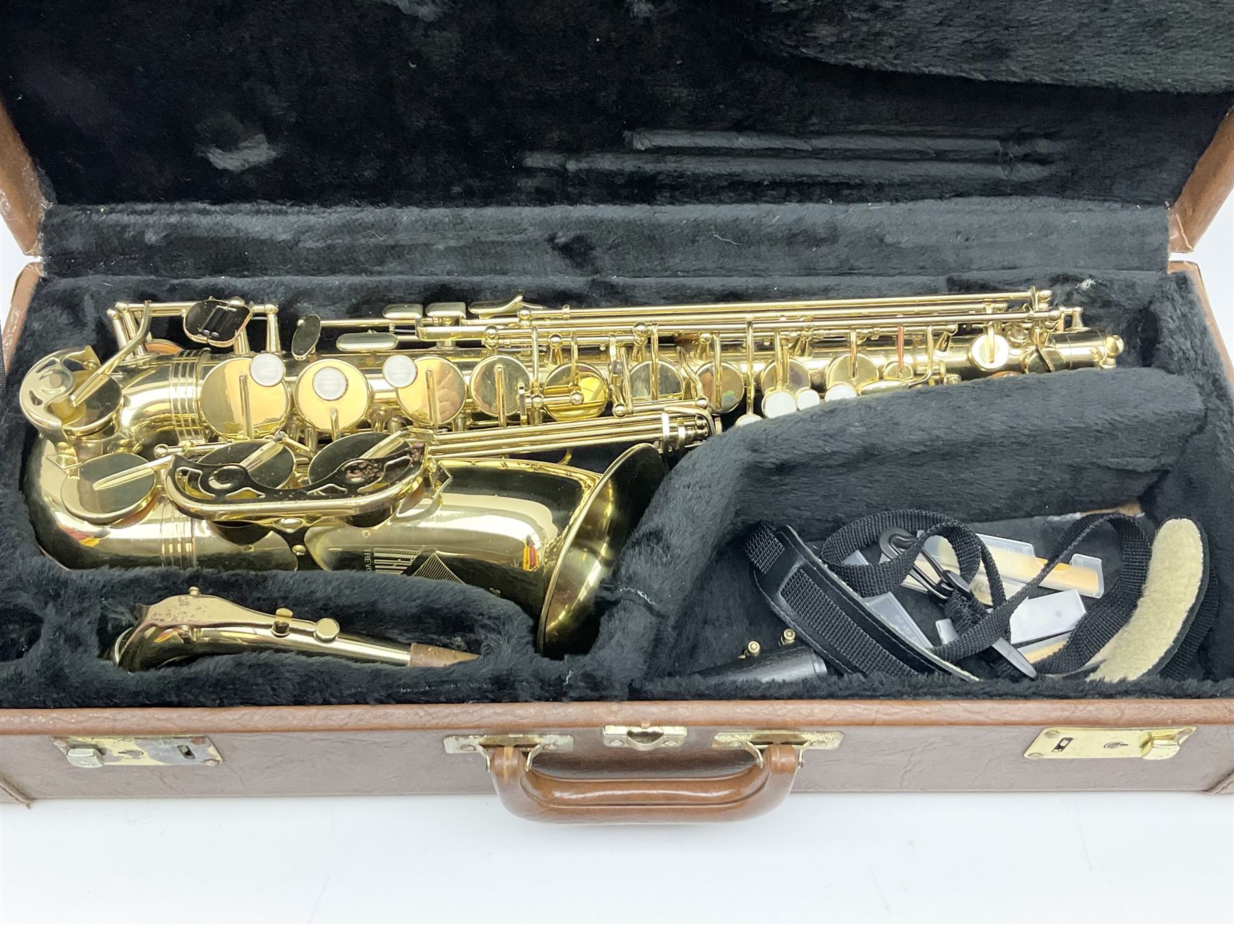 Trevor J. James & Co. 'The Horn' brass alto saxophone, serial no.T04498, H68cm in fitted carrying case